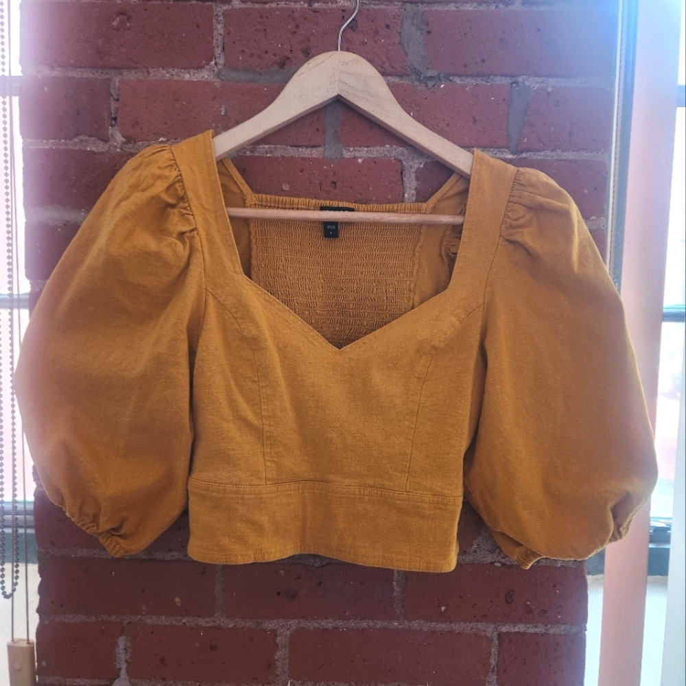 Express Linen Blend Mustard Yellow Fitted Bodice Puff Sleeve Crop Top S
